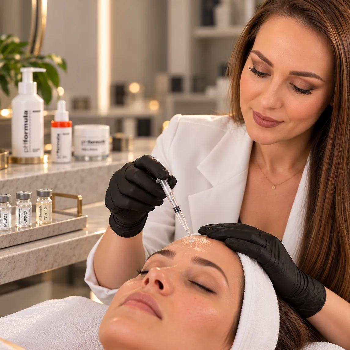 Zabieg z użyciem preparatów pHformula na twarz pacjentki, gabinet Estetic Royal Derm na Bemowie